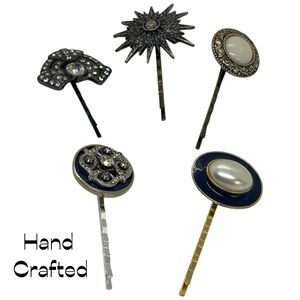 Vintage Buttons Repurposed Gold Silver Rhinestone 5 Piece Set Of Hair Clips